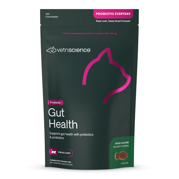 VetriScience Gut Health Chews, Probiotic Everyday Digestive Supplement for Cats, Pet Probiotics for Digestion Support, Gas and Diarrhea, Immune Support, 120 Million CFU Per Chew, Duck, 60 Count