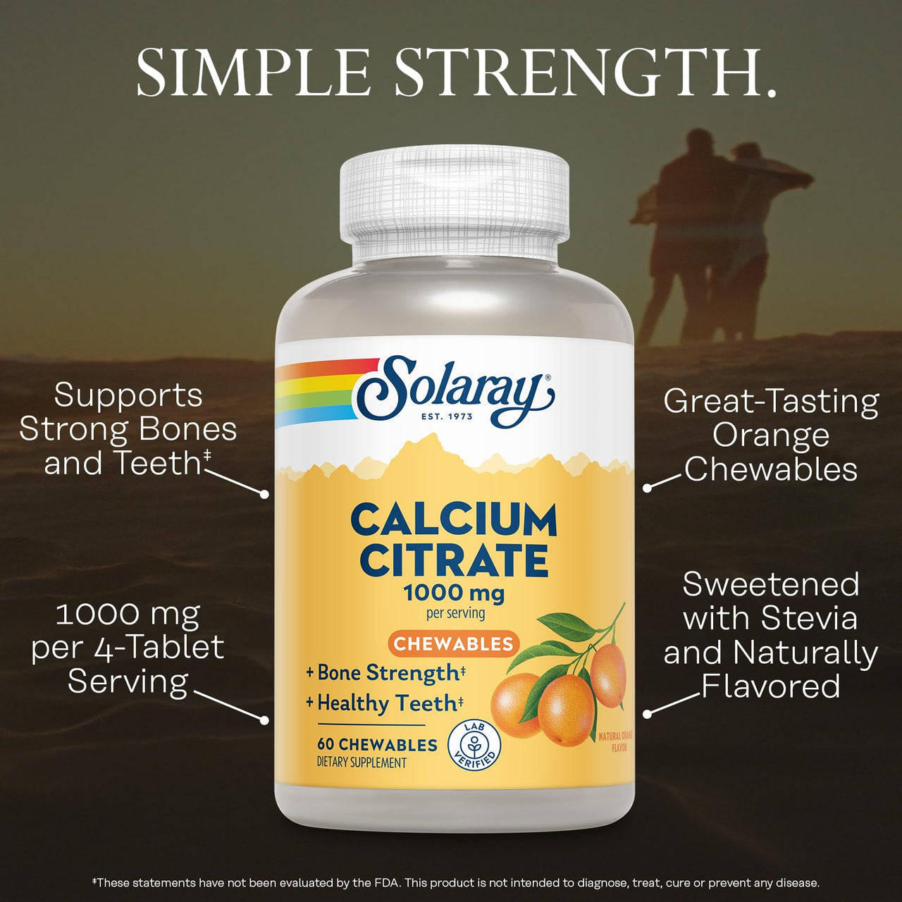 SOLARAY Calcium Citrate 1000mg - Chewable Calcium Supplements for Women and Men - Healthy Teeth and Bone Support - Great, Natural Orange Flavor - Vegan, Gluten Free, 60-Day Guarantee - 15 Servings