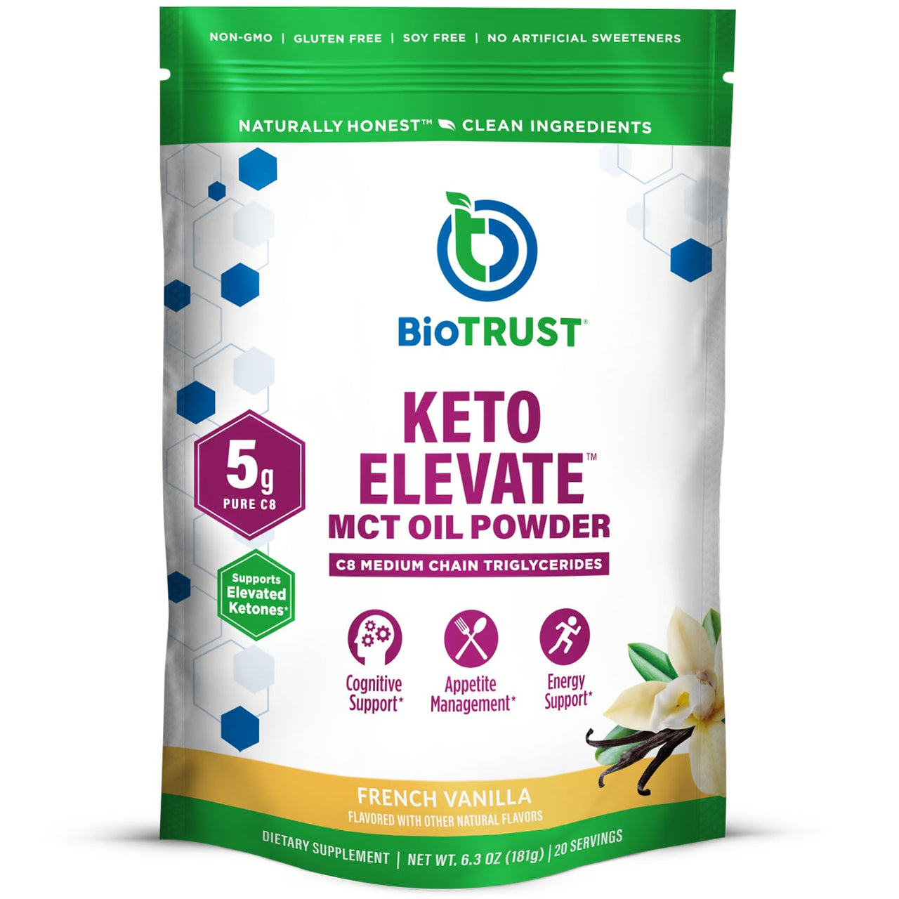 BioTrust Keto Elevate - C8 MCT Oil Powder - Ketogenic MCT Coffee Creamer, Keto Coffee Creamer - Clean Energy, Mental Focus, Clarity -100% Caprylic Acid MCT Powder, Non-GMO(French Vanilla, 20 Servings)