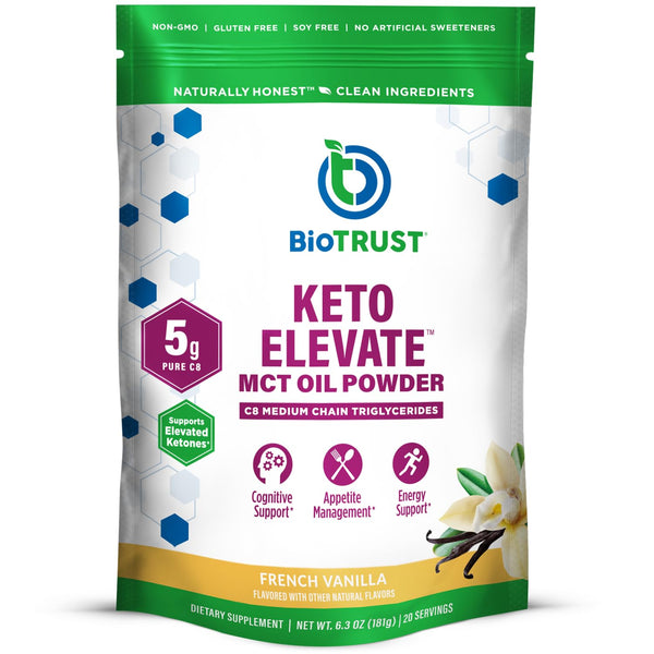 BioTrust Keto Elevate - C8 MCT Oil Powder - Ketogenic MCT Coffee Creamer, Keto Coffee Creamer - Clean Energy, Mental Focus, Clarity -100% Caprylic Acid MCT Powder, Non-GMO(French Vanilla, 20 Servings)