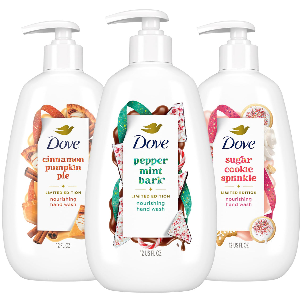 Dove Hand Soap, Holiday Treats Variety 3-Pack – Cinnamon Pumpkin Pie, Peppermint Bark & Sugar Cookie Sprinkle, Gifts for Women, 12 Fl Oz Ea