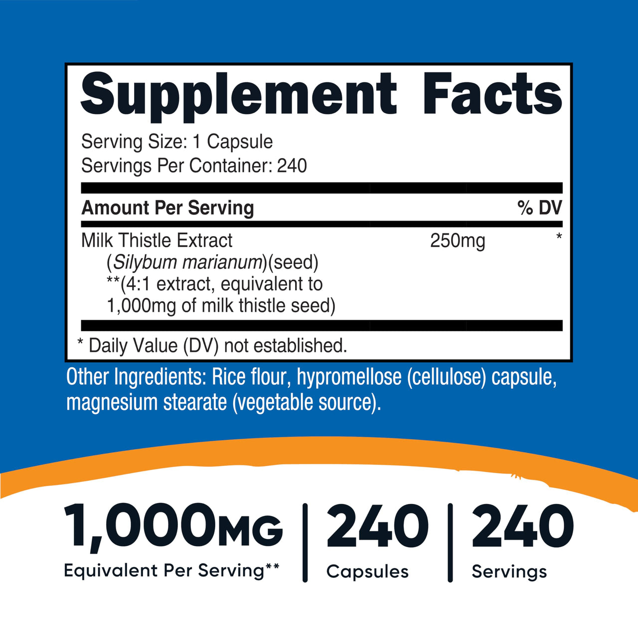Nutricost Milk Thistle 1,000mg Equivalent from 250mg of 4:1 Extract Per Serving, 240 Capsules for 240 Servings Per Bottle - Vegan, GMO Free and Gluten Free