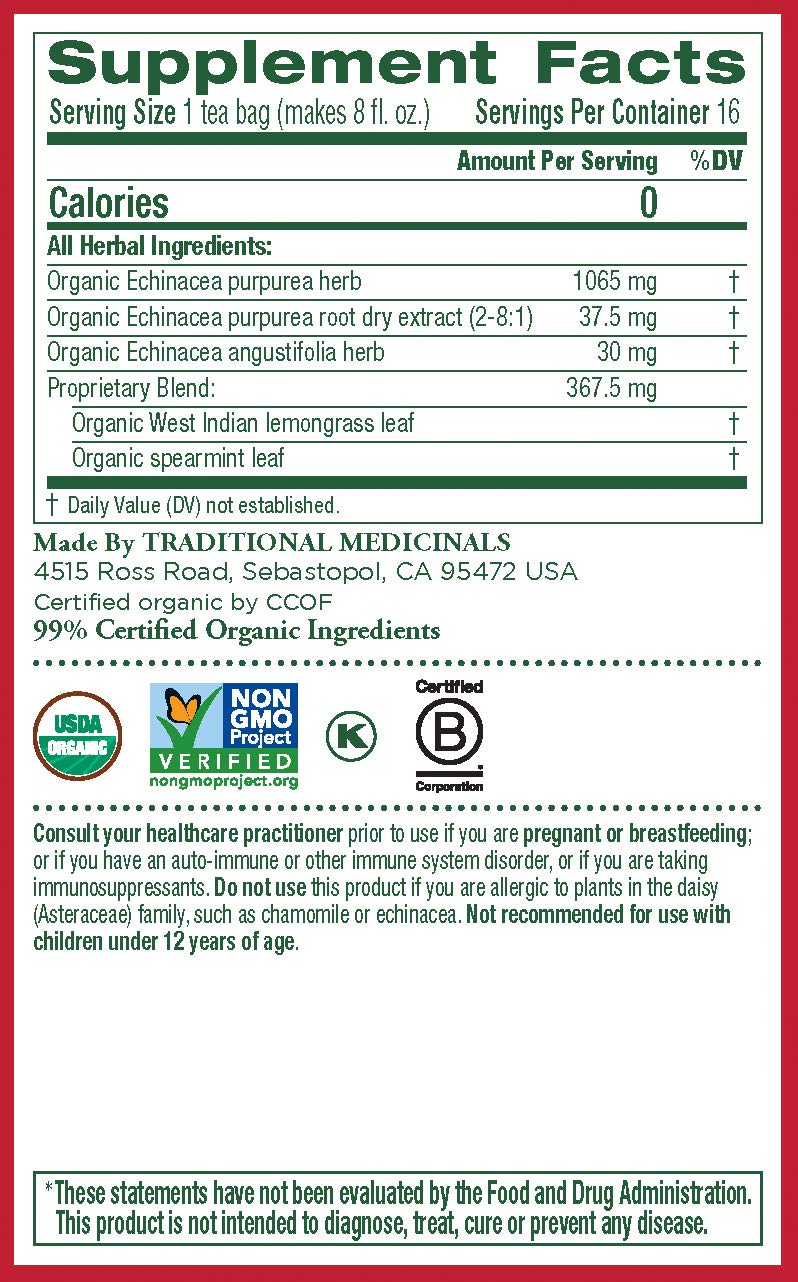 Traditional Medicinals Organic Echinacea Plus Seasonal Tea (Pack of 1), Promotes Immune Function, 16 Tea Bags