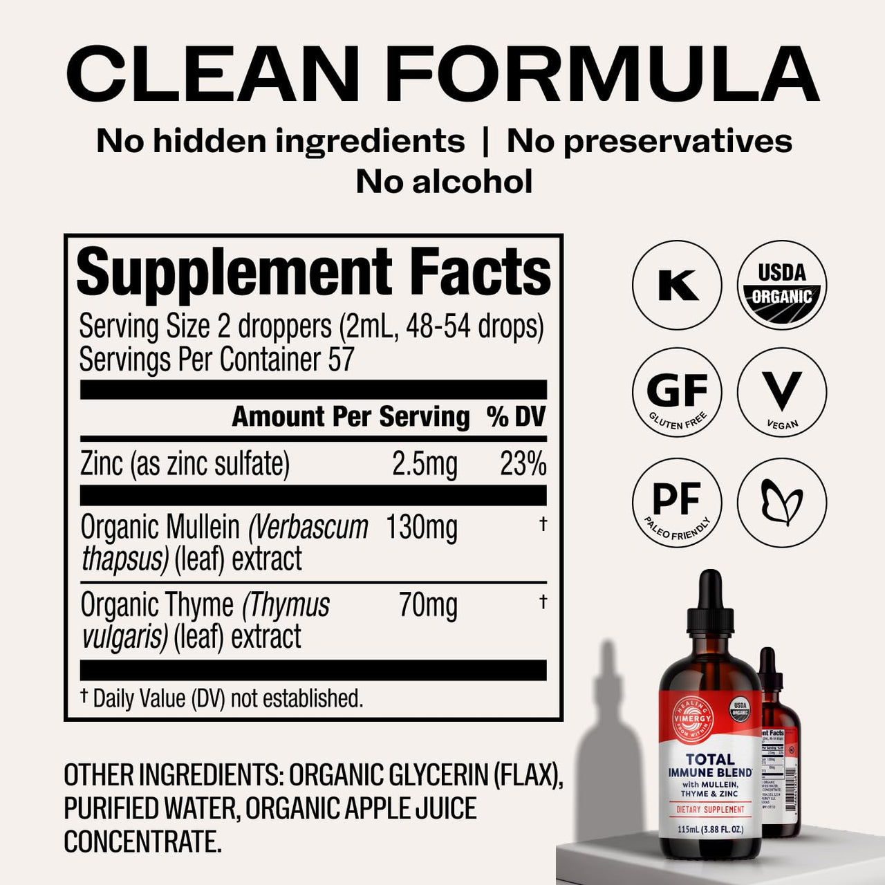 Vimergy USDA Organic Total Immune Blend* Liquid Supplement, 57 Servings Fast-Absorbing Immune Support – All-Season, Zinc, Thyme and Mullein Drops Non-GMO, Vegan, Immunity Support for Adults (115 mL)