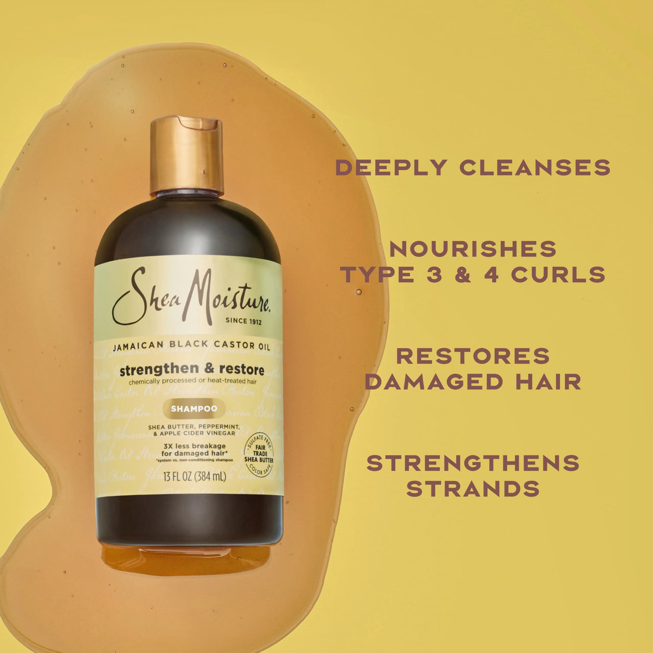 SheaMoisture Strengthen and Restore Shampoo Pure Jamaican Black Castor Oil for Damaged Hair To Cleanse and Nourish Hair 13 fl oz