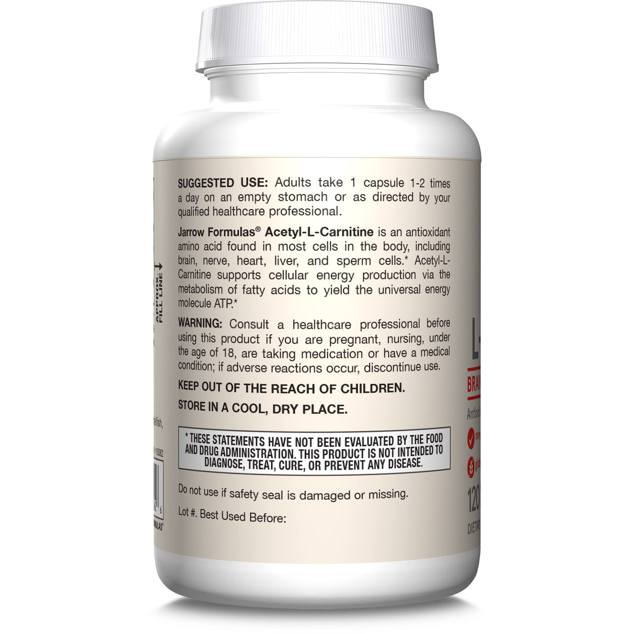 Jarrow Formulas® Acetyl L-Carnitine 500 mg, Dietary Supplement, Amino Acid Support for Brain Health and Antioxidants, 120 Veggie Capsules, 120 Day Supply