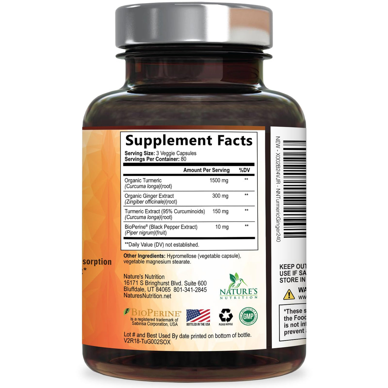 Turmeric Curcumin Supplement - 95% Curcuminoids with Organic Turmeric & Ginger, BioPerine Black Pepper Extract for Best Absorption, Natural Vegan Joint Support, Non-GMO, Bottled in USA - 240 Capsules