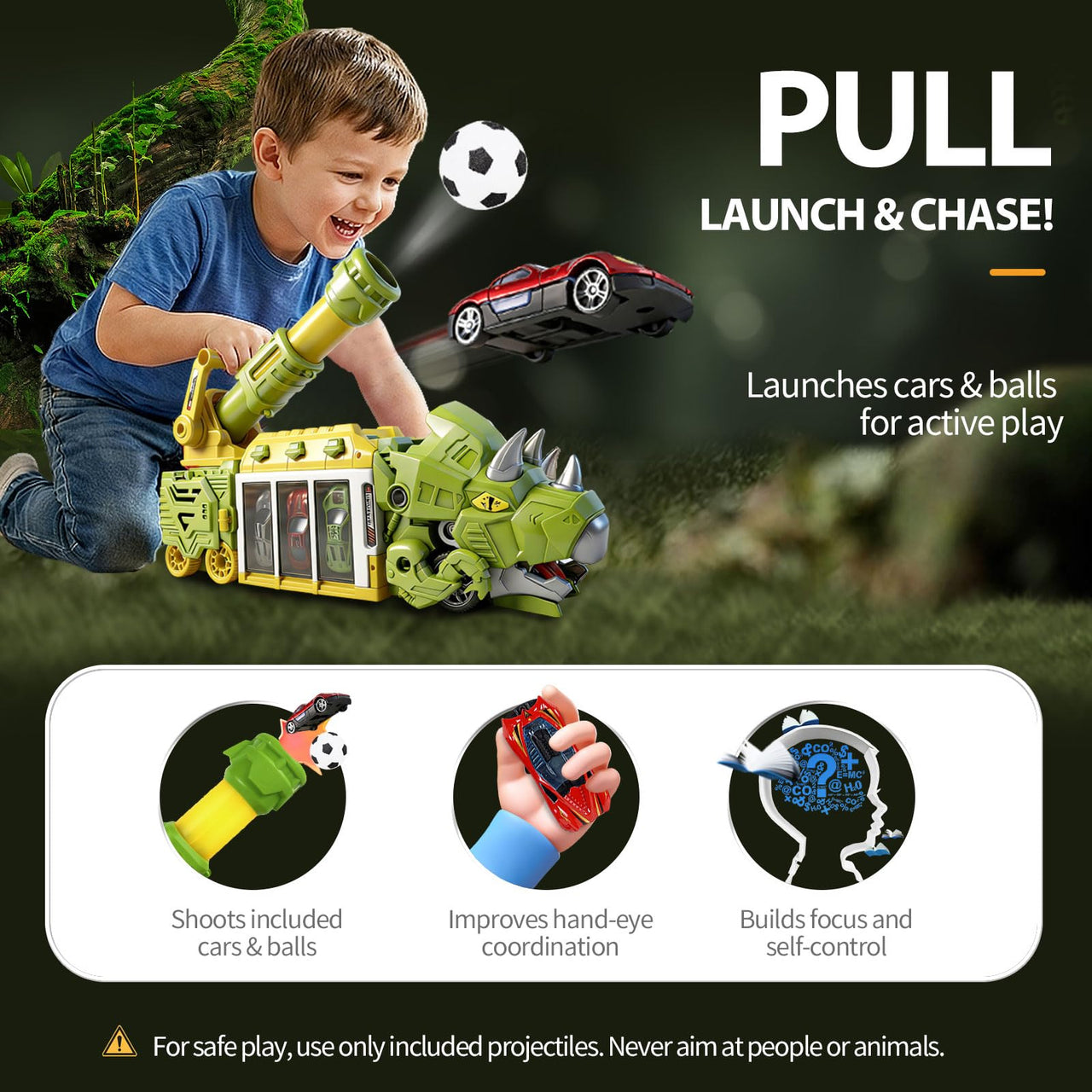 LUCKFUTURE Dinosaur Truck Toy, Green Triceratops Launcher Vehicle - Dino Car Toy that Shoots, Fun Play Set with Cargo Carrier for Toddlers Kids Ages 3 4 5 6 7