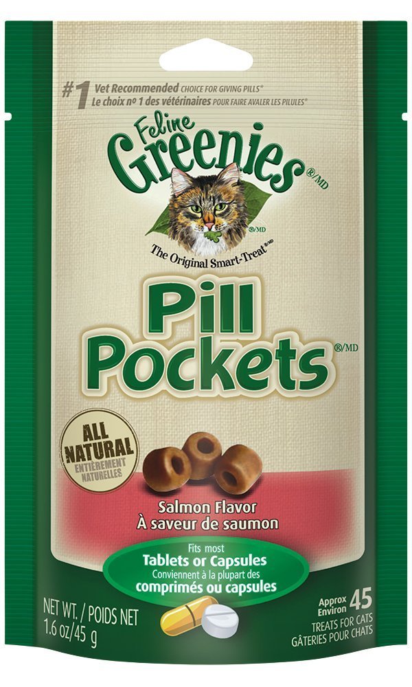Greenies Feline Pill Pockets for Cats Natural Soft Cat Treats, Salmon Flavor, 1.6 oz. Pouch (45 Treats)