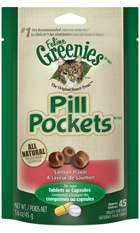 Thumbnail for Greenies Feline Pill Pockets for Cats Natural Soft Cat Treats, Salmon Flavor, 1.6 oz. Pouch (45 Treats)