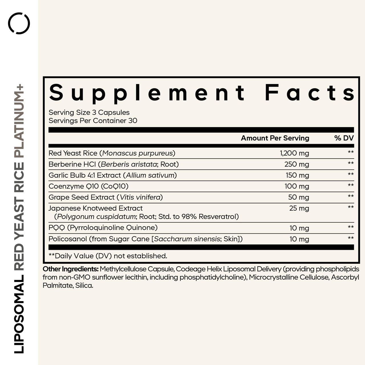 Codeage Liposomal Red Yeast Rice Platinum - 1200 mg Red Yeast Rice Supplement, CoQ10, Berberine, Garlic & Grape Seed Extract, Resveratrol, PQQ - Liposomal Delivery - Non-GMO - 90 Capsules