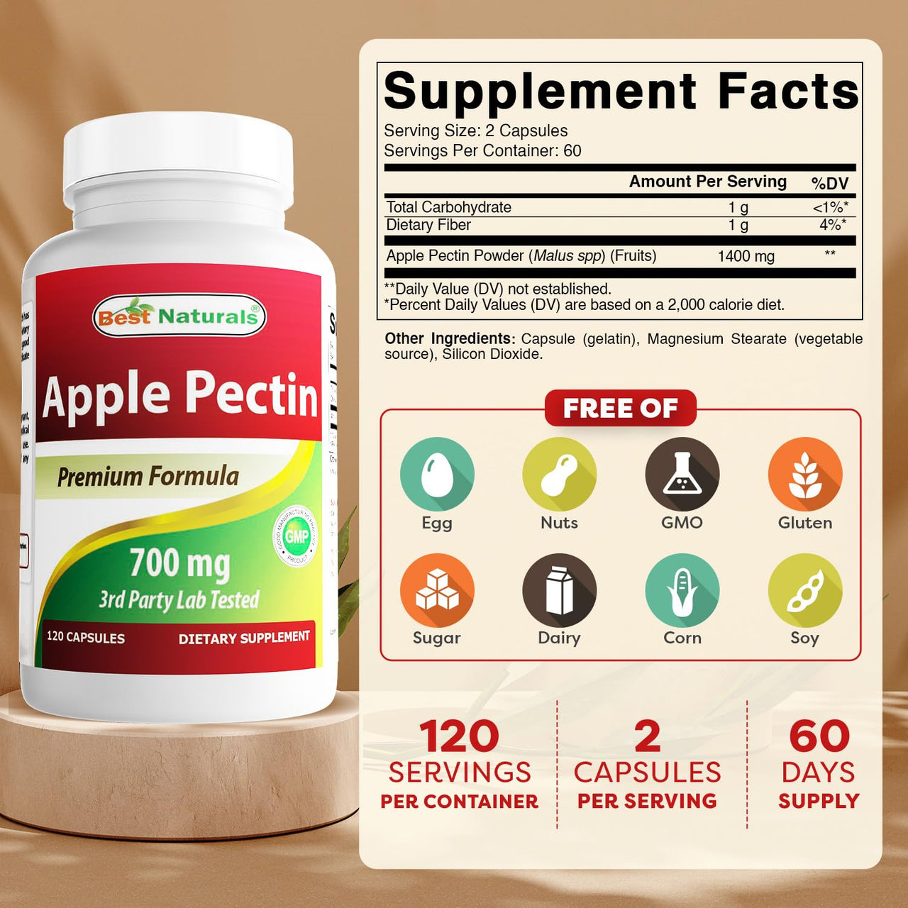Best Naturals Apple Pectin 700 mg 120 Capsules