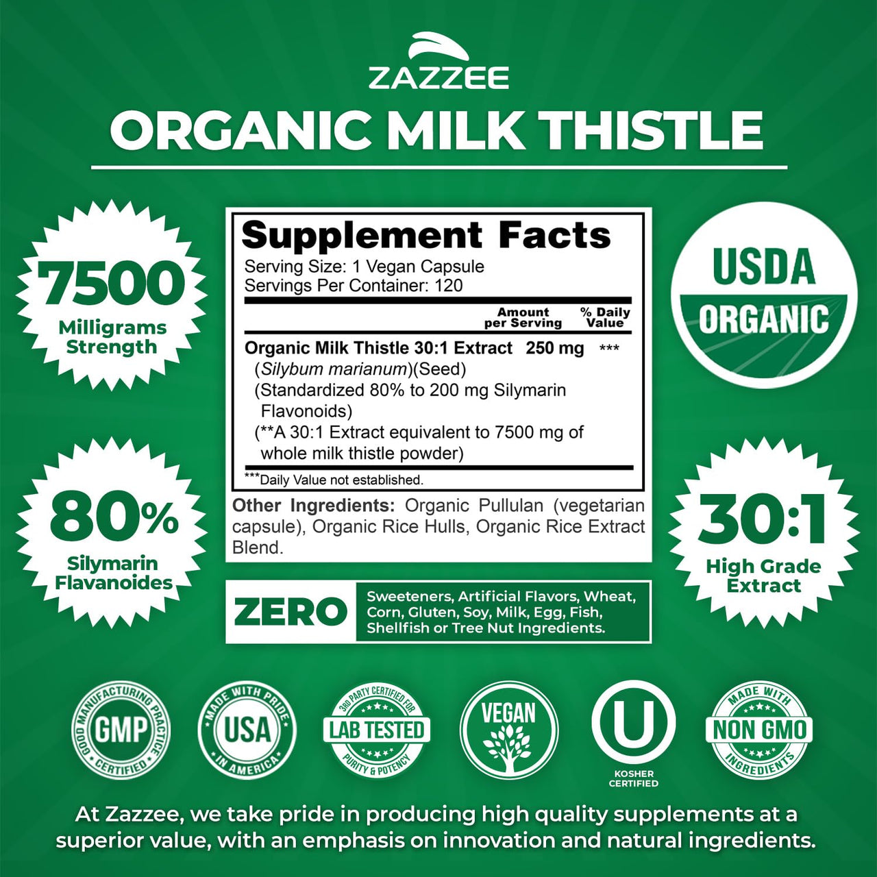 Zazzee USDA Organic Milk Thistle Extract 30:1, 80% Silymarin, 7500 mg Equivalent, 120 Vegan Capsules, Certified Kosher, High Potency Liver Support Supplement, Antioxidant Support, Non-GMO, Made in USA