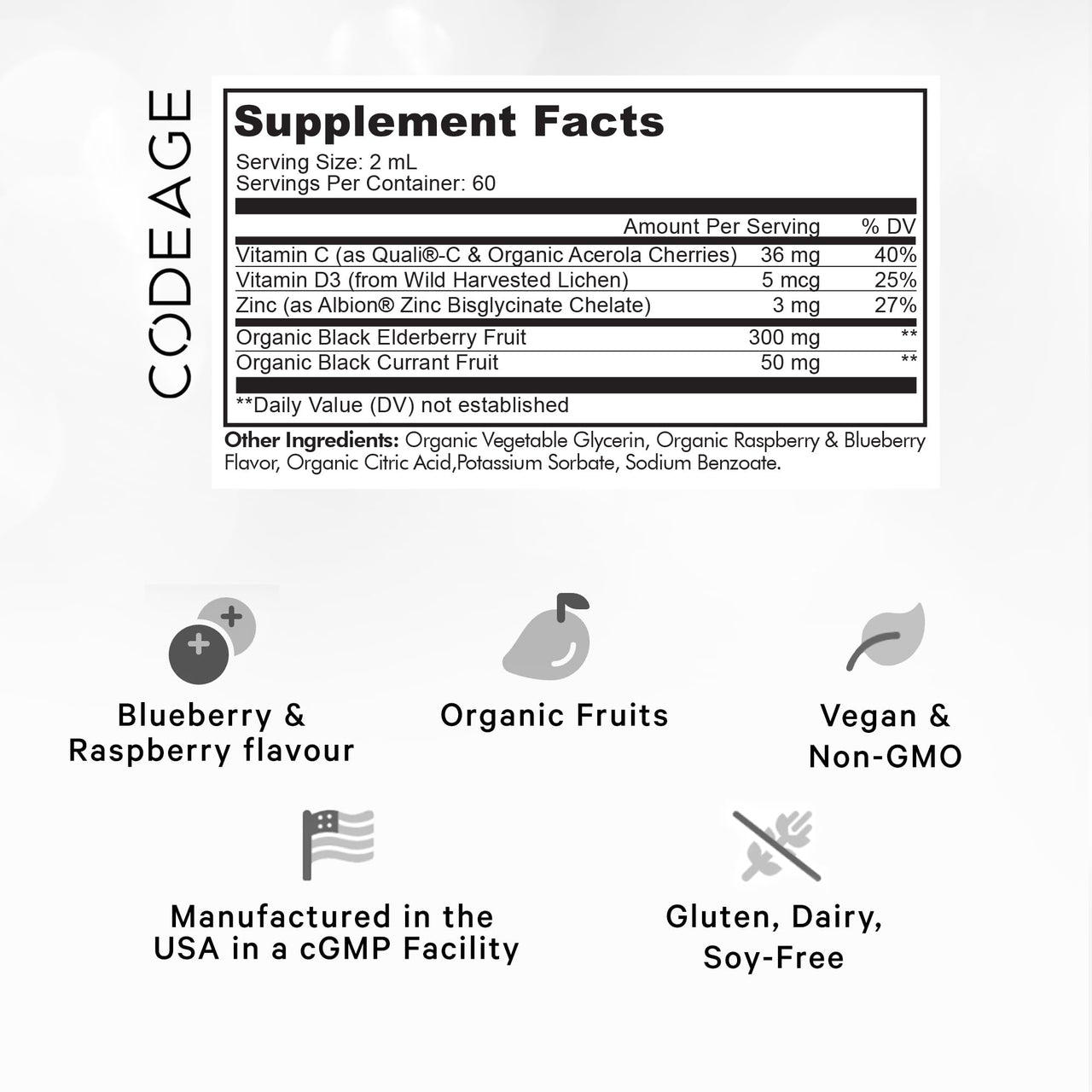 Codeage Elderberry Vitamins Pro - Organic Black Elderberry Liquid Drops - Vitamin C, D3, Zinc, Black Currant - 2-Month Supply - Black Sambucus Liquid - Supplement for Adults & Kids - 4 fl oz