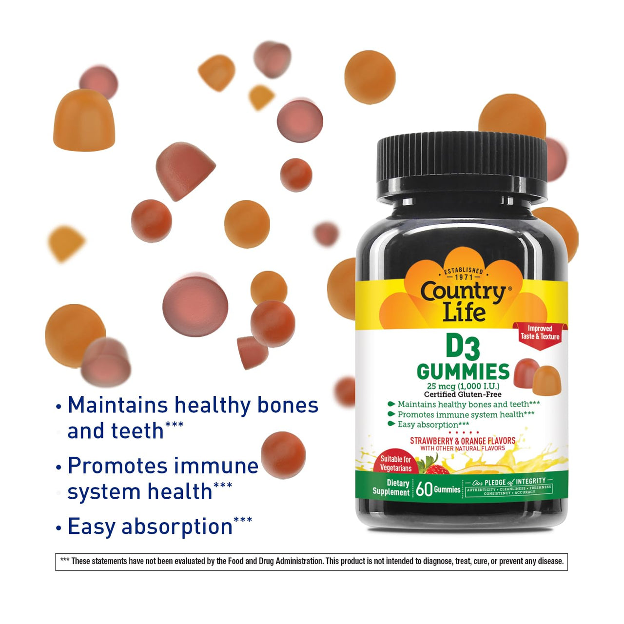 Country Life Vitamin D3 Gummies – 1,000 IU Cholecalciferol, 60 Count – Supports Bone & Immune Health – Vegetarian, Gluten-Free, Strawberry & Orange Flavors – Pectin-Based, No Artificial Sweeteners