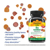 Thumbnail for Country Life Vitamin D3 Gummies – 1,000 IU Cholecalciferol, 60 Count – Supports Bone & Immune Health – Vegetarian, Gluten-Free, Strawberry & Orange Flavors – Pectin-Based, No Artificial Sweeteners