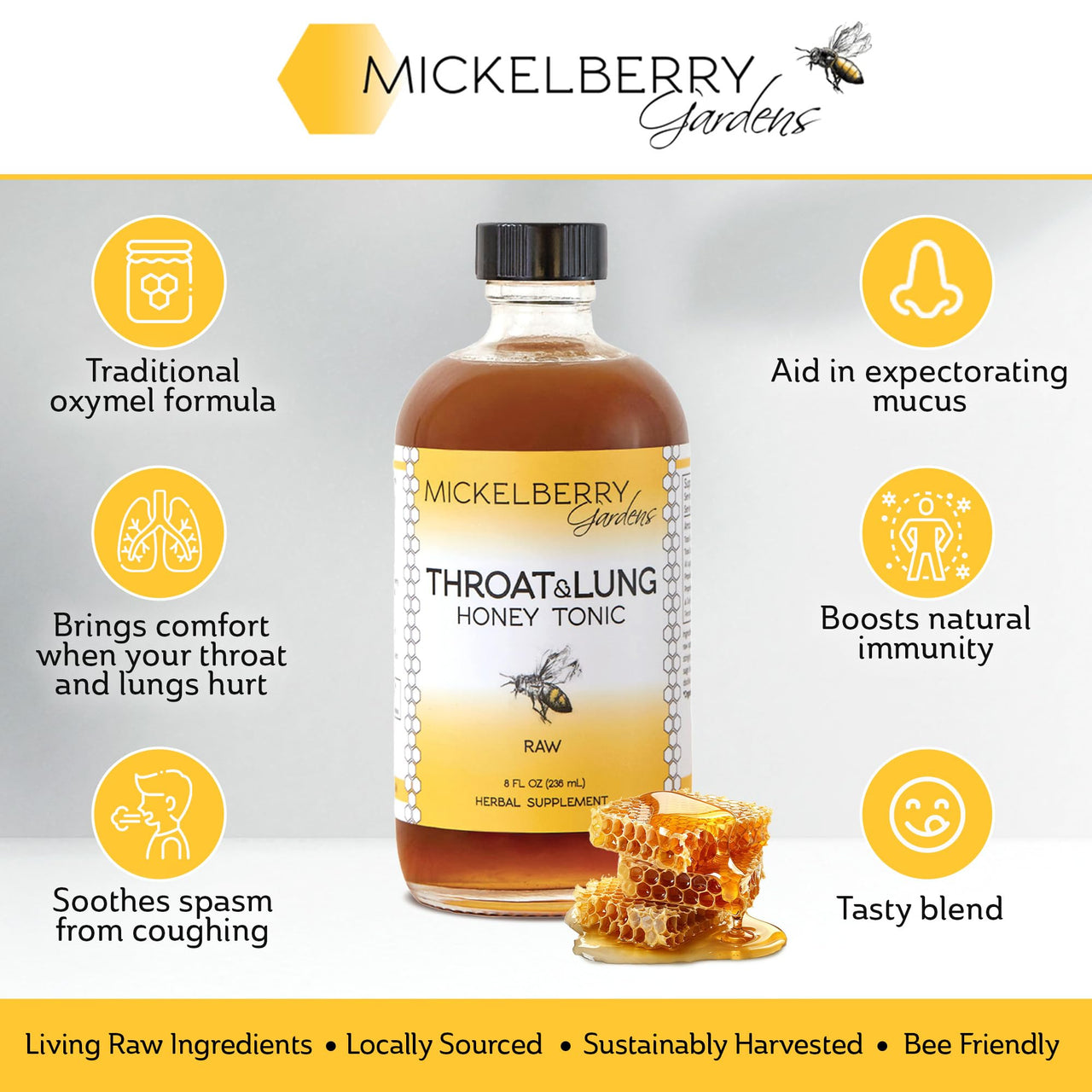 Mickelberry Gardens Throat & Lung Honey Tonic: Wellness Syrup, Natural Sore Throat Relief, Immune Support & Cough Suppressant for Adults & Kids (4 oz)