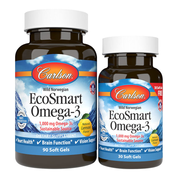Image 1 of Carlson - EcoSmart Omega-3, 1000 mg Omega-3s Sustainable Source, Heart Health, Brain Function & Vision Support, Lemon, 90+30 soft gels