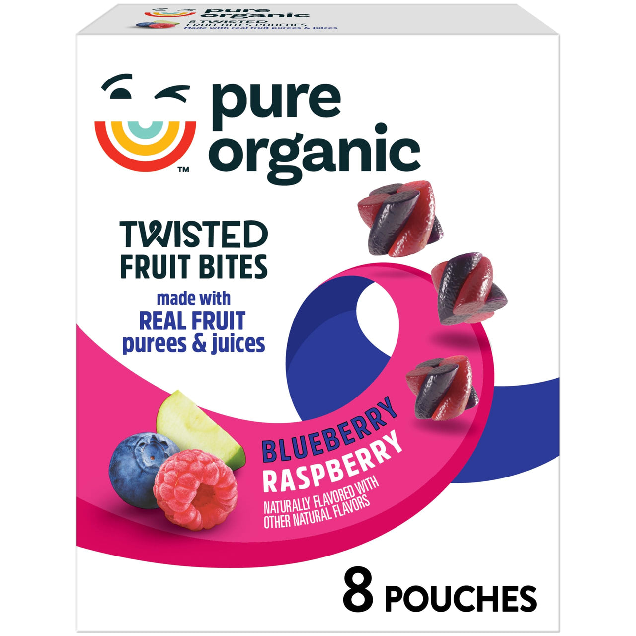 Pure Organic Twisted Fruit Bites, Kids Snacks, Fruit Snacks, Blueberry Raspberry, 5.6oz Box (8 Pouches)