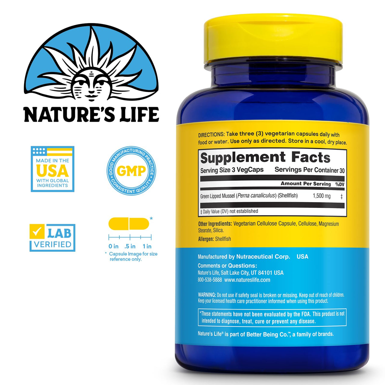 Nature's Life Green Lipped Mussel 1500 mg - New Zealand Green Lipped Mussel Supplement with Naturally Occurring Omega 3 Fatty Acids - 60-Day Guarantee, Lab Verified - 30 Servings, 90 Capsules