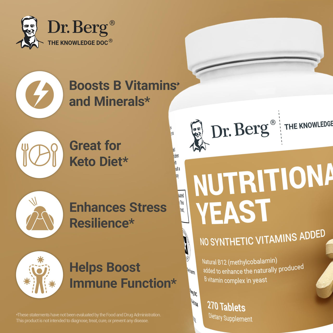 Dr. Berg Nutritional Yeast Tablets – Natural B12 Added - All 8 B Vitamin Complex – Organic Vanilla Flavor - 270 Vegan Tablets Dietary Supplements