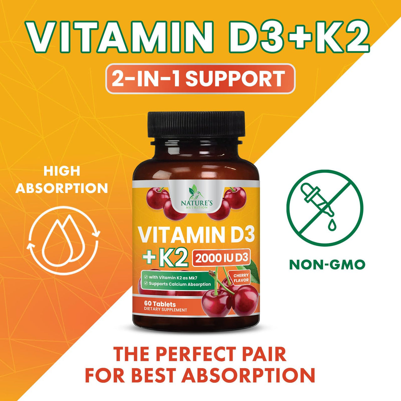 Vitamin D3 K2, Chewable Cherry D3 2000 iu Plus K2 (MK-7) 75 mcg - 2 in 1 Vitamins D & K Complex - Vitamin K2 MK7 + D3 Supplement Supports Immune & Heart Health, Calcium Absorption, Bones - 60 Tablets