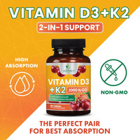 Thumbnail for Vitamin D3 2000 IU 50mcg Per Serving - Vitamins D & K2 (MK7) Complex Supplement for Bone, Teeth, Muscle, Calcium Absorption, Supports Immune & Heart Health, Chewable Formula USA Bottled - 60 Tablets