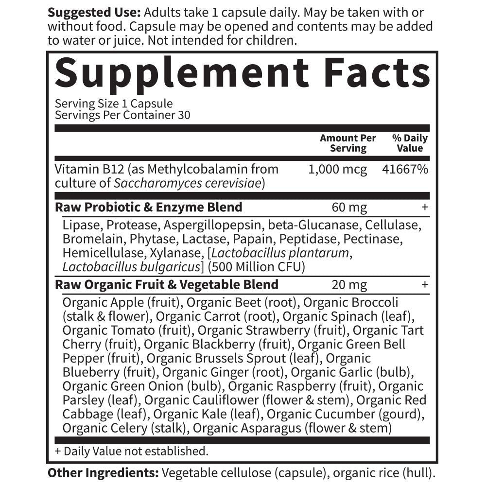 Garden of Life Vitamin Code Raw B-12 - 30 Capsules, 1,000mcg Whole Food B12 Methylcobalamin for Energy, Vegan Methylcobalamin Vitamin plus Probiotics and Enzymes, Gluten Free Supplements