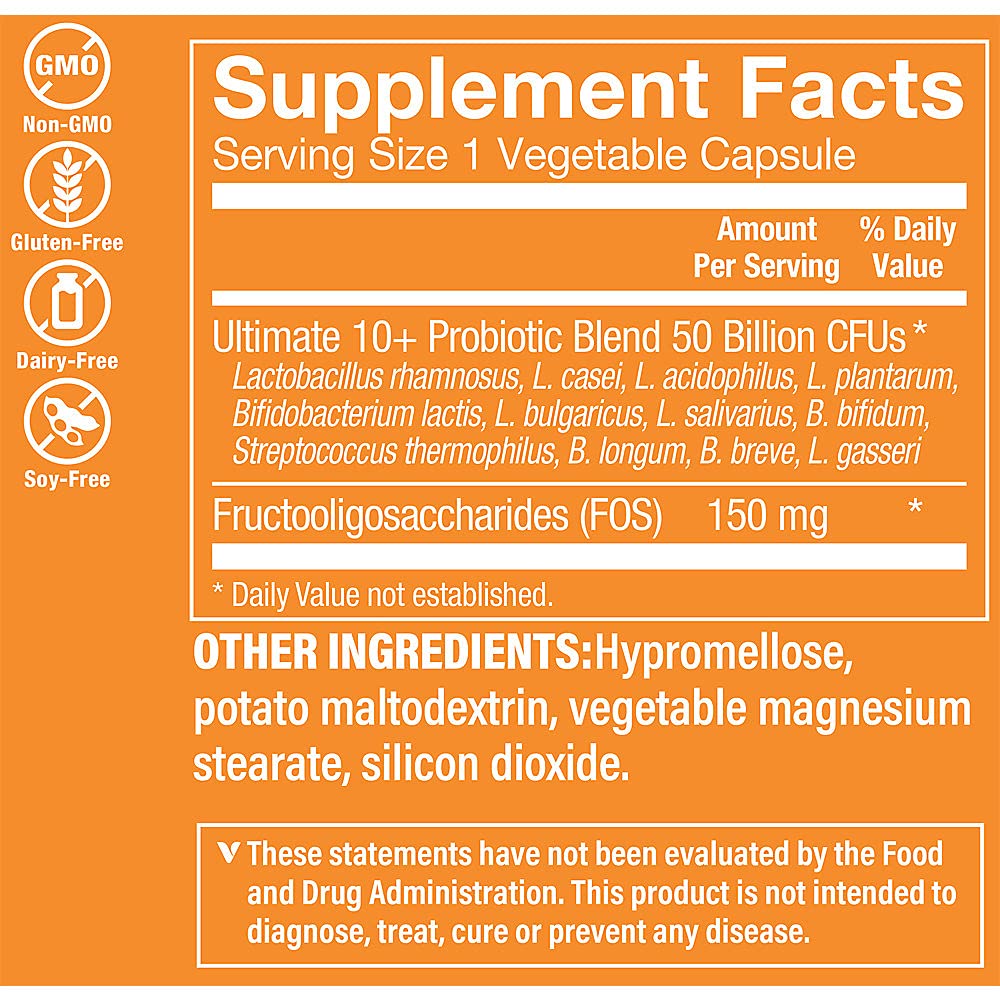 The Vitamin Shoppe Ultimate 10+ Probiotics 50 Billion CFU - 10 Probiotic Strains for Digestive Health, Immune & Gut Support (60 Vegetable Capsules)