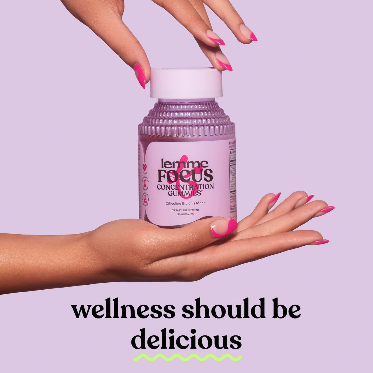 Lemme Focus Concentration & Brain Health Gummies with Cognizin Citicoline, Lion's Mane Mushroom, Vitamin B12 to Support Focus + Concentration - Gluten Free, Caffeine Free, Strawberry (50 Count)