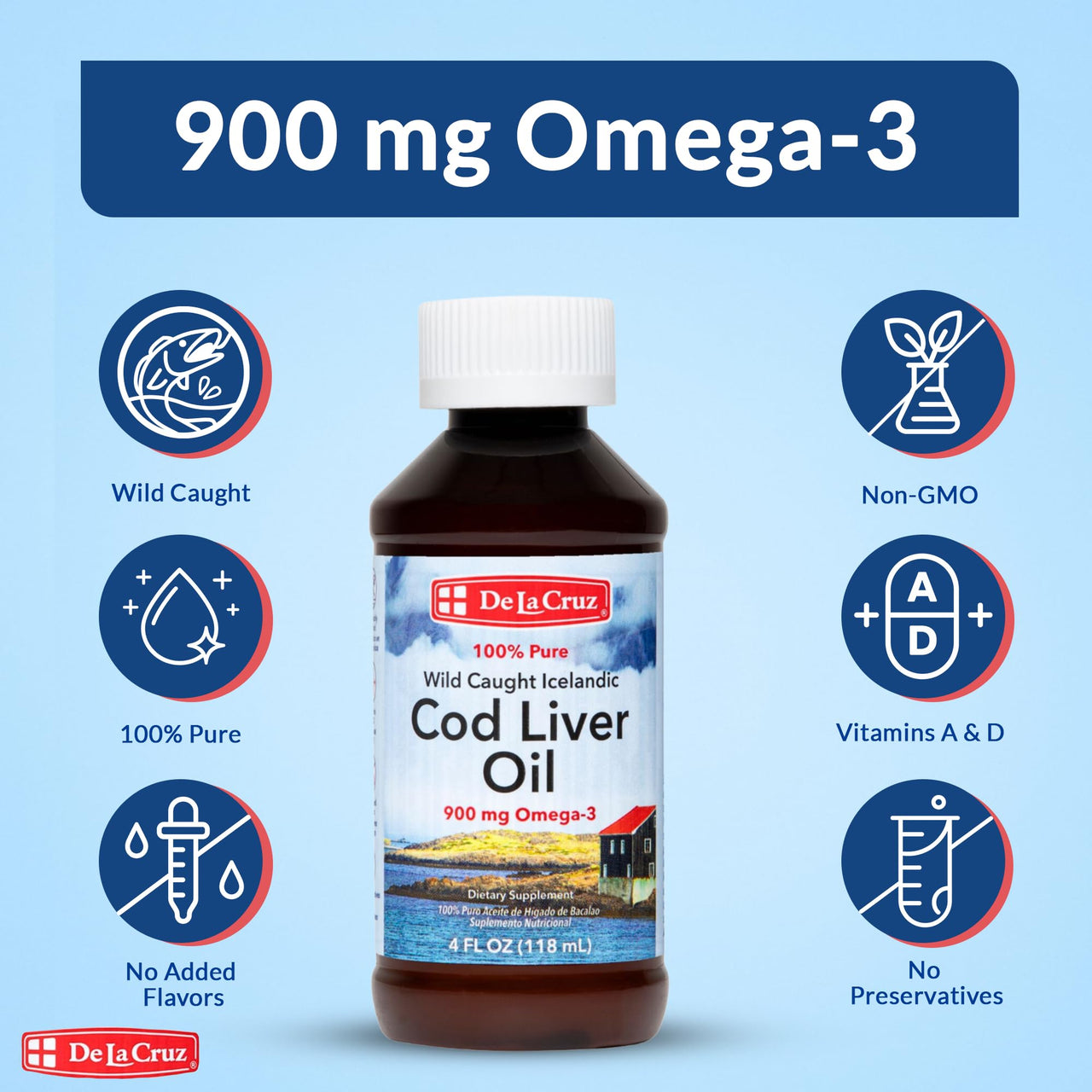 De La Cruz Cod Liver Oil Liquid Pure Wild Caught Icelandic Fish Oil Rich in Vitamin D & Omega 3 Fish Oil, Omega 3 Supplements 4 FL OZ (118 mL)
