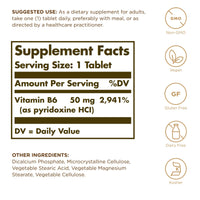 Thumbnail for Solgar Vitamin B6 50 mg - 100 Tablets - Non-GMO, Vegan, Gluten Free, Dairy Free, Kosher, Halal - 100 Servings