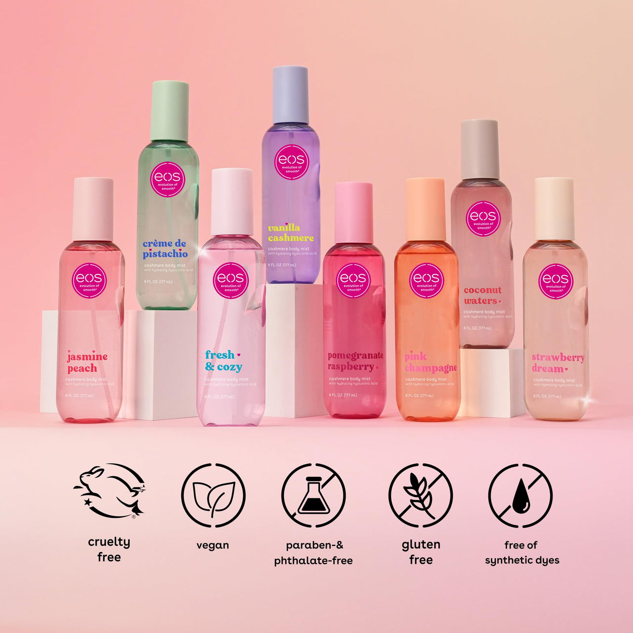 eos Cashmere Body Mist, Pink Champagne, body spray for women, hair mist, moisturizing, hyaluronic acid, glycerin, vegan, cruelty-free, 6 fl oz