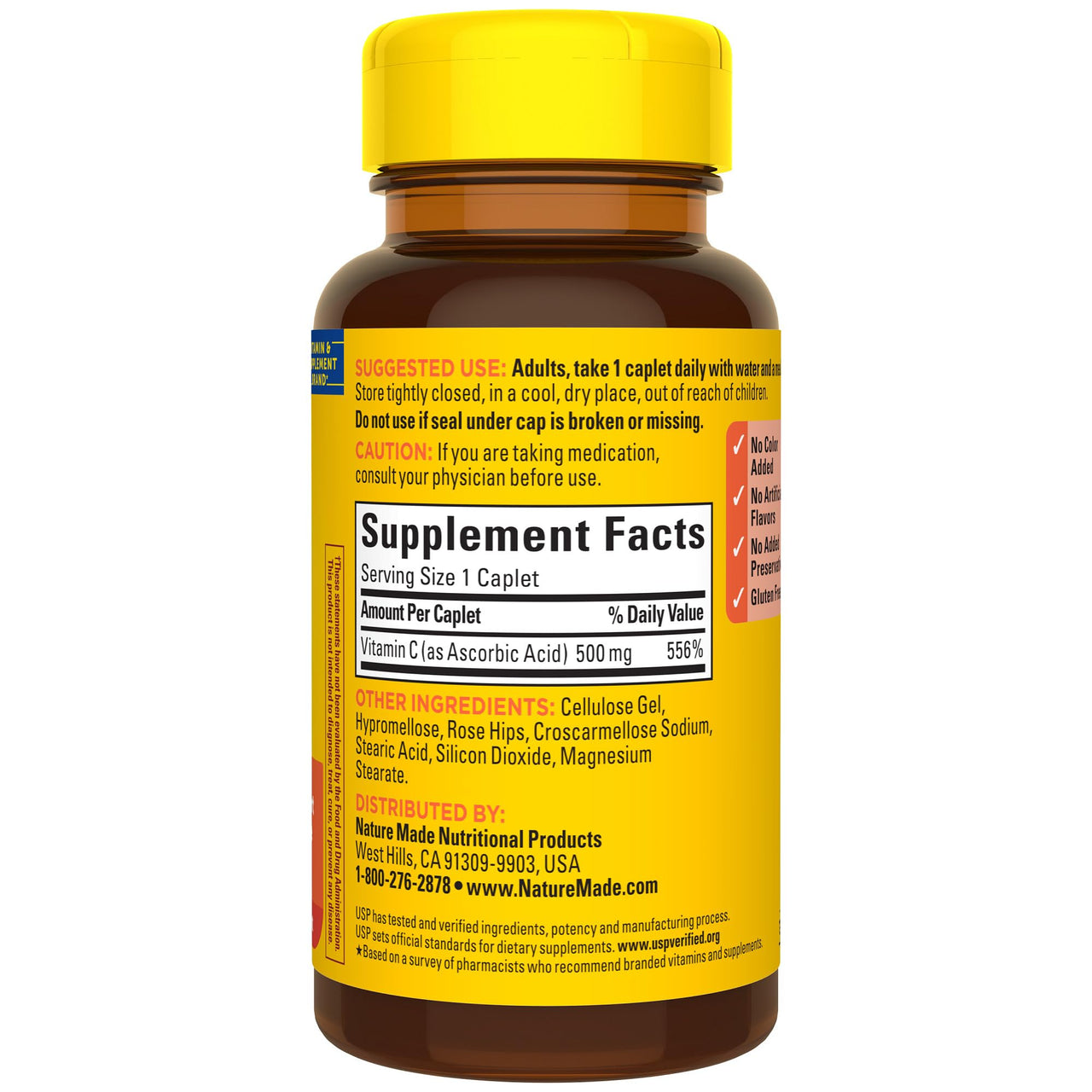 Nature Made Vitamin C 500mg with Rose Hips, Dietary Vitamin C Supplement for Immune Support, 130 Caplets, 130-Day Supply