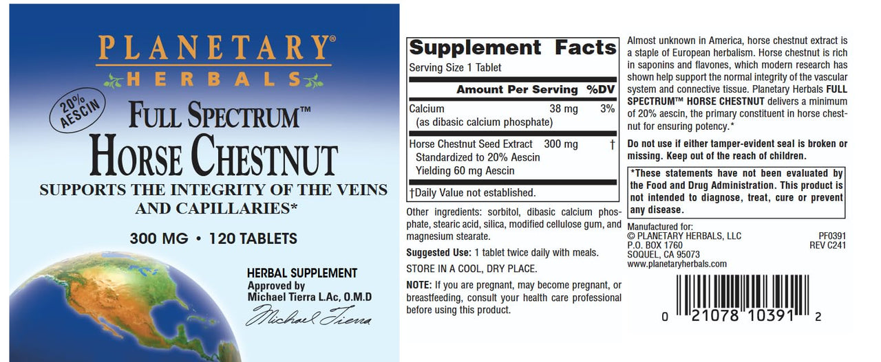 Planetary Herbals Full Spectrum Horse Chestnut, Supports The Integrity of The Veins and Capillaries*, 500 mg - 120 Tablets