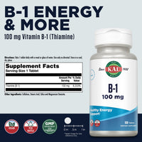 Thumbnail for KAL Vitamin B1 100 mg, Thiamine Supplement for Metabolism, Healthy Energy, Skin, Nervous System, Heart Health and Brain Support, Vegan Vitamin, 60-Day Money Back Guarantee, 100 Servings, 100 Tablets