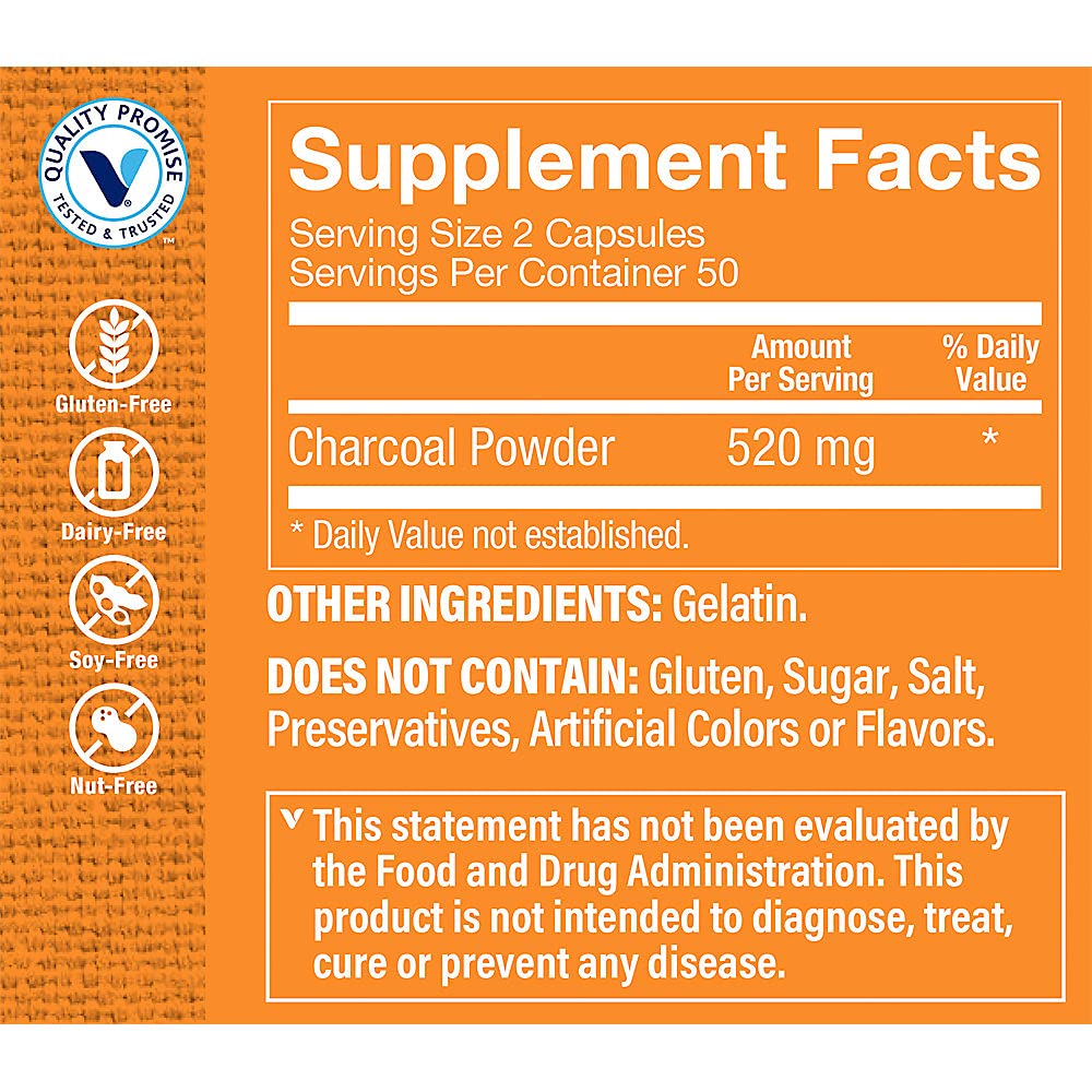 The Vitamin Shoppe Activated Charcoal 520MG for Digestive Health (100 Capsules)