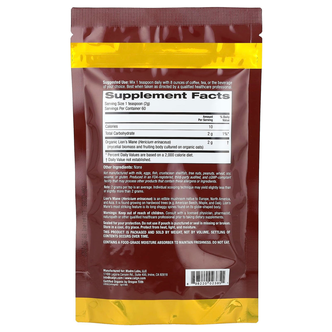 California Gold Nutrition Fungiology®, Certified Organic Lion's Mane Powder, 4.2 oz (120 g)