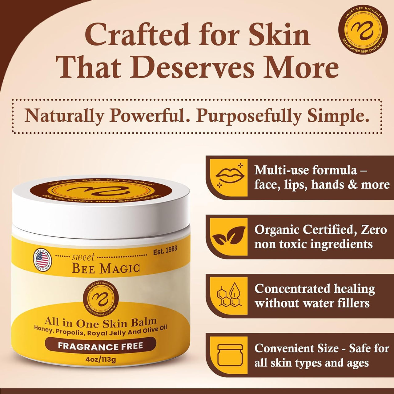 Sweet Bee Magic Organic Honey Bee Balm for Face, Skin & Body - All in One Honey Balm - Beeswax Body Moisturizer - All Natural Aid - 1 jar (4oz)