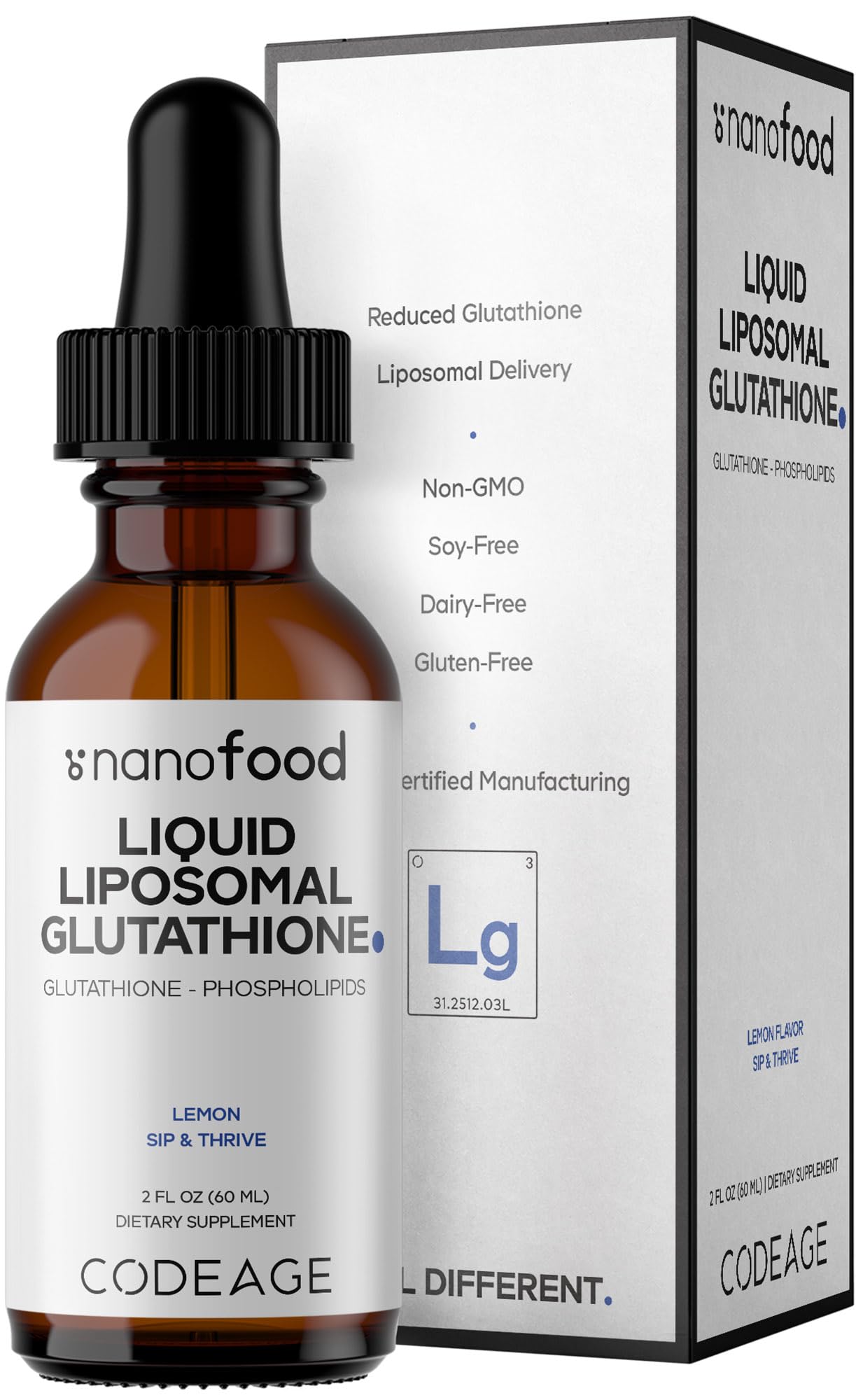 Codeage Nanofood Liquid Liposomal Glutathione Supplement – Reduced Glutathione with Liposomal Delivery, Liquid Format - Lemon Flavor, Non-GMO – 2 fl oz