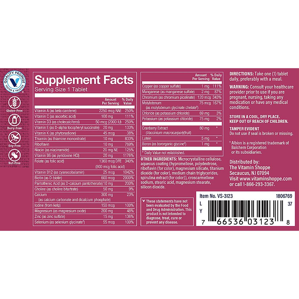 The Vitamin Shoppe One Daily Women's 50+ Multivitamin with No Iron, Multi-Mineral Supplement, Supports Energy Production, Supports Cardiovascular, Vision and Immune Health (60 Tablets)