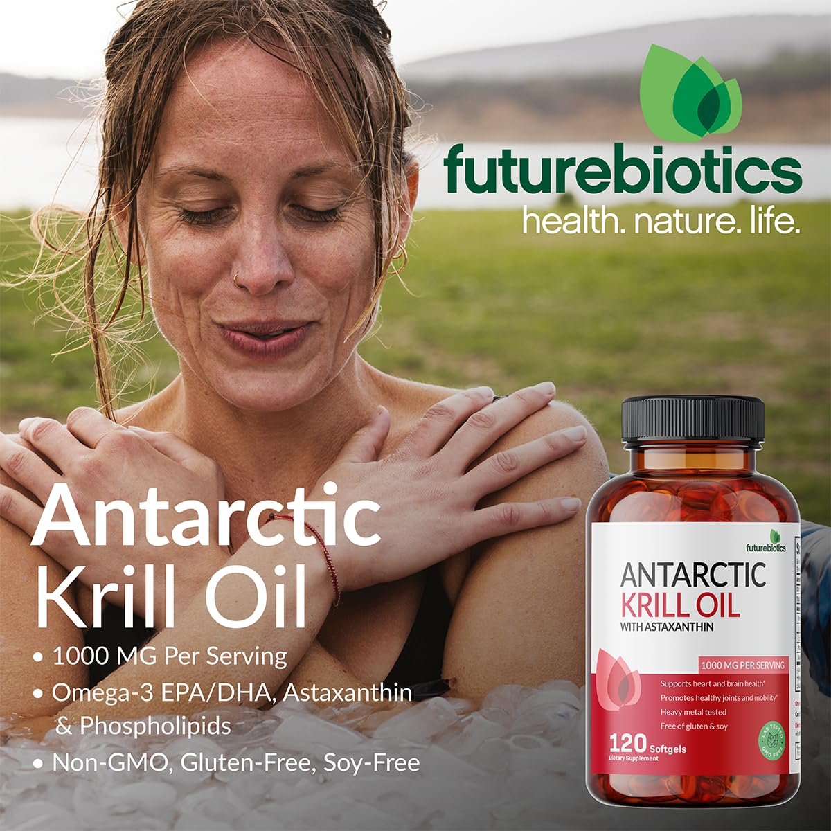 Futurebiotics Antarctic Krill Oil 1000mg with Omega-3s EPA, DHA, Astaxanthin and Phospholipids - Premium Krill Oil Heavy Metal Tested, Non GMO – 120 Softgels (60 Servings)