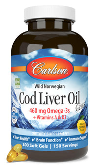 Thumbnail for Carlson - Cod Liver Oil, 460 mg Omega-3s + Vitamins A & D3, Wild-Caught Norwegian Arctic Cod-Liver Oil, Sustainably Sourced Nordic Fish Oil Capsules, Lemon, 300 Softgels