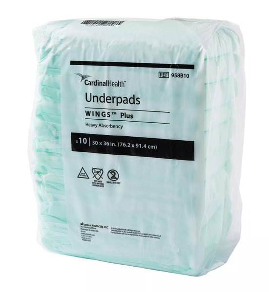 Cardinal Health™ Underpads, Wings™ Plus, Heavy Absorbency, Green, 30 x 36IN, Case of 50