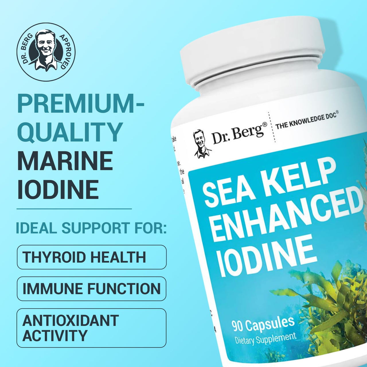 Dr. Berg Sea Kelp Enhanced Iodine - 200 mcg of Premium Iodine - Seaweed Blend Includes Klamath Blue-Green Algae & Sea Kelp - 90 Capsules