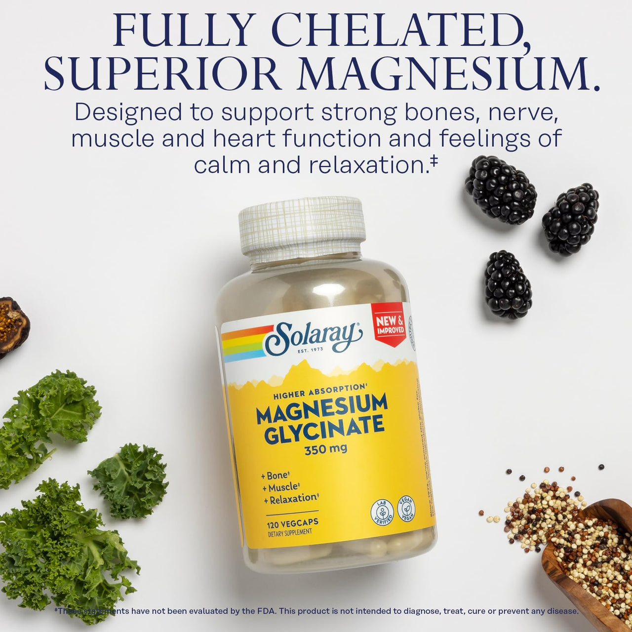 SOLARAY Magnesium Glycinate Capsules, Chelated Magnesium Bisglycinate w/BioPerine, Higher Absorption Magnesium Supplement - Bones, Muscles, Heart Support, Vegan (30 Servings, 120 VegCaps)
