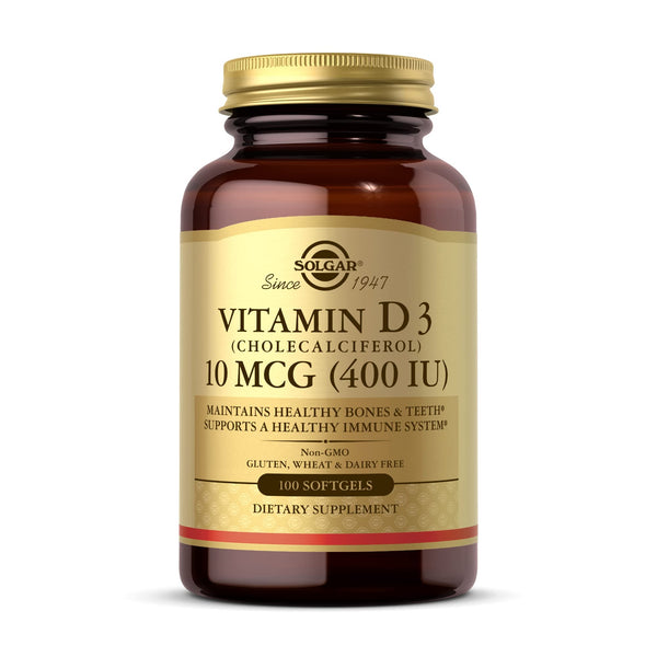 Solgar Vitamin D3 (Cholecalciferol) 10 MCG (400 IU), 100 Softgels - Helps Maintain Bones & Teeth - Immune System Support - Non-GMO, Gluten Free, Dairy Free - 100 Servings