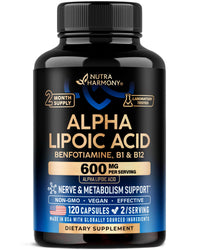 Thumbnail for Alpha Lipoic Acid 600mg - ALA Supplement Antioxidant for Nerve, Energy & Metabolism Support - Extra Strength with Benfotiamine, B1 & B12 - Lab Tested, NON-GMO & Vegan - 120 Capsules, 2 Month Supply