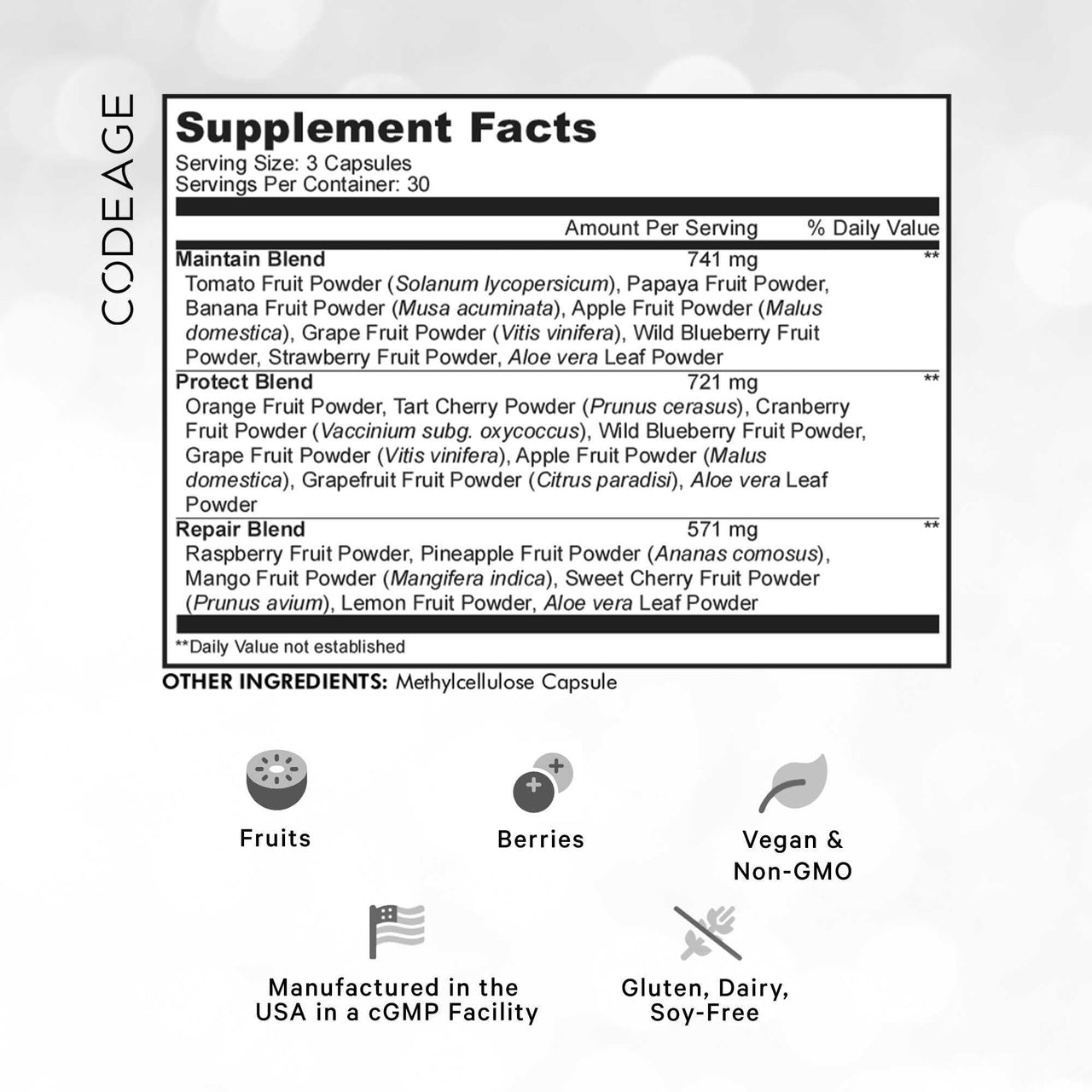 Codeage Instantfood Fast Fruits, Over 15 Fruits Powders Equivalent All-in-One, Vegan Daily Whole Food Vitamins - Berries, Antioxidant Polyphenols & Bioflavonoid Multivitamin, Non-GMO, 90 Capsules