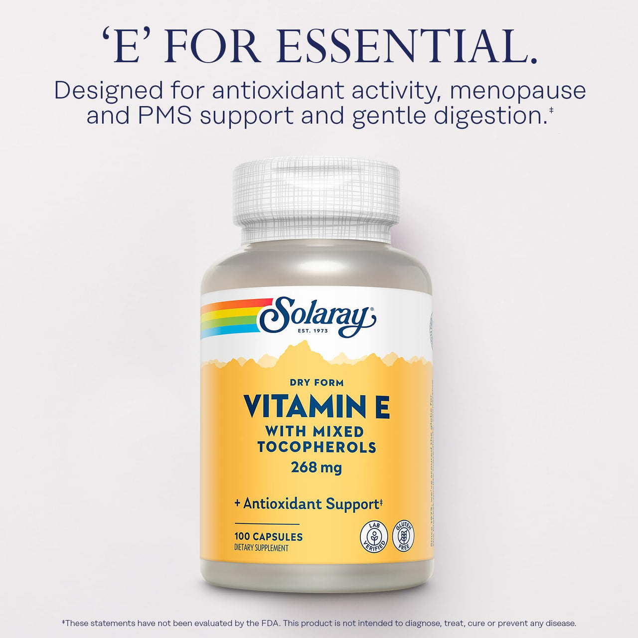 SOLARAY Vitamin E 400 IU (268mg), Dry Form - Natural Source, Mixed Tocopherols Vitamin E - Antioxidant Supplement, PMS and Menopause Support - 60-Day Guarantee, Lab Verified - 100 Serv, 100 Capsules